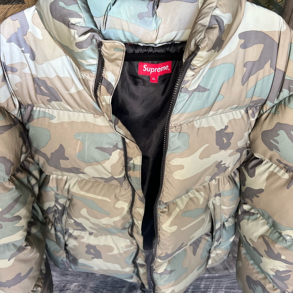 Supreme Camo reflecting puffer jacket